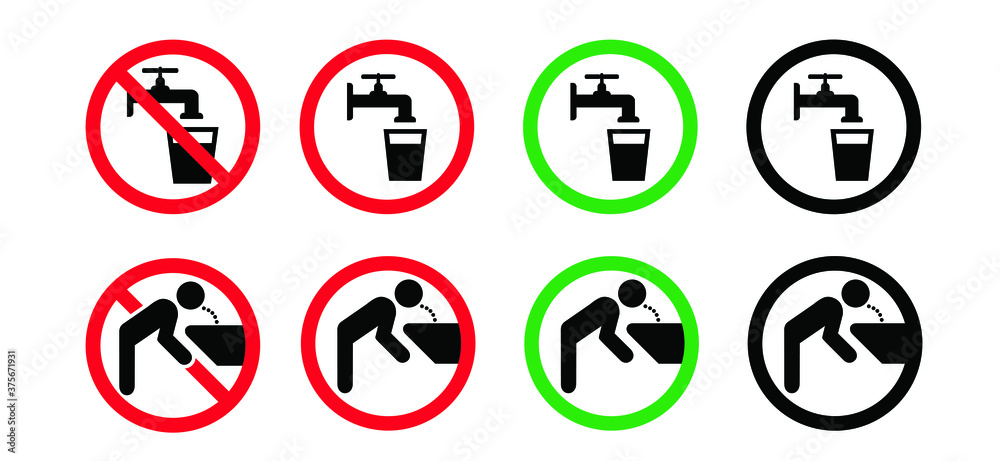 Stop, do not drink this water, faucet symbol. Not drinking bacteria water icons. Contaminated water. Flat vector legionella signs. Legionellosis. Don`t drink water tap sign Suitable drinkable water. Stop, do not drink this water, faucet symbol. Not drinking bacteria water icons. Contaminated water. Flat vector legionella signs. Legionellosis. Don`t drink water tap sign Suitable drinkable water.