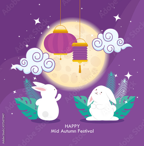 chinese mid autumn festival with rabbits and lanterns hanging vector illustration design