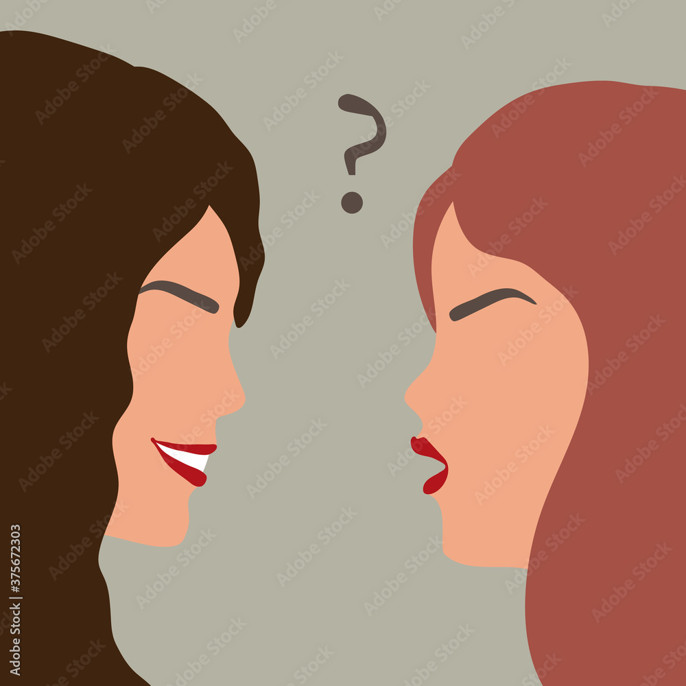 Vector illustration of two beautiful talking woman, one asks a question. Icon in nice natural colors in flat style. It can be used as design element for site, blogs, social media