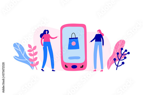 Two women or girls standing near a big smartphone and make mobile shopping. Modern flat illustration isolated on white background.