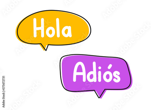 Hola adios. Handwritten lettering illustration. Black vector text in pink and yellow neon speech bubbles. 