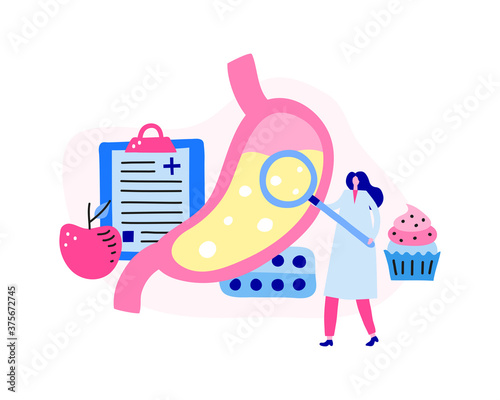 Tiny woman doctor character eximine stomach organ. Checkup abdomen. Modern flat illustration isolated on white background.