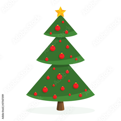 The Christmas green tree with the red balls and one yellow star is isolated on the white background.