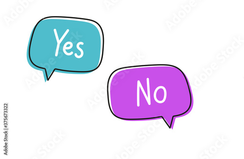 Yes no. Handwritten lettering illustration. Black vector text in blue and pink neon speech bubbles. 