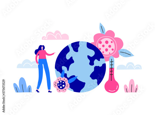 Global warming, climate change concept illustration. Tiny woman character, Earth planet and meteorology thermometer isolated on white background.