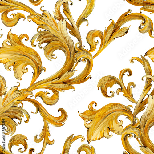Gold damask seamless pattern. Watercolor vintage golden ornament. luxury textile print