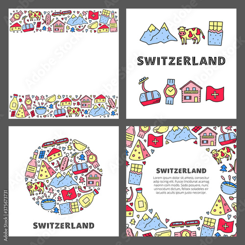 Set of cards with doodle colored Switzerland travel icons including cheese, chocolate, cable car, train, cow, Alpine mountains, house chalet, fondue, alphorn, wine, milk, etc. Space for text.