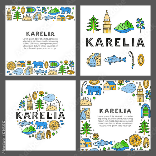 Set of cards with lettering and doodle colored Karelia icons including lake, waterfall, rocks, bell tower of Kizhi, pie, boat, cranberry, cloudberry, trout fish, bear isolated on grey background. photo