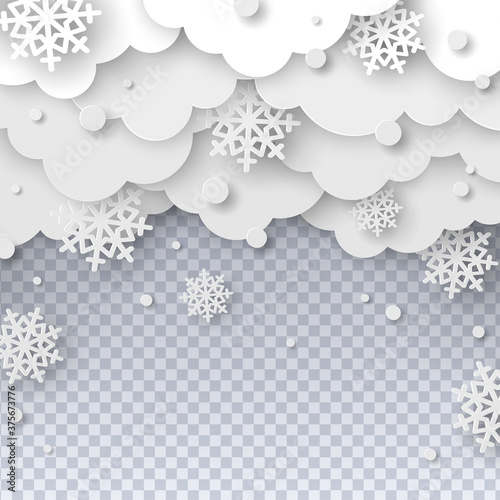 Falling snow on transparent background in paper cut style. Snowstorm clouds overlay effect for Christmas and New Year Design. Vector illustration