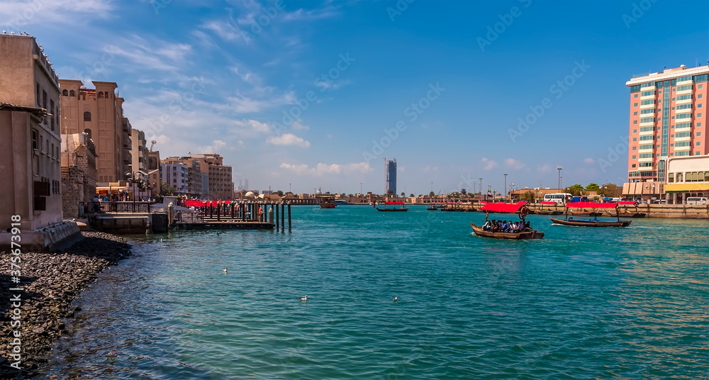 A view across the Dubai Creek looking toward the Persian Gulf in the UAE in springtime