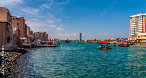 A view across the Dubai Creek looking toward the Persian Gulf in the UAE in springtime