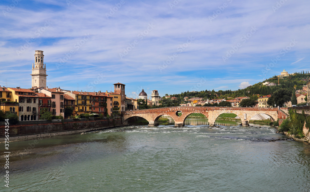 Ponte Pietra bridge across the Adige river in Verona, Italy