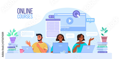 Online education or courses vector illustration with diverse students working at home in internet. Virtual school or webinar concept with multinational people, laptops, books. Online education banner