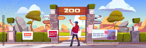 Protest to stop animal abuse, activist with banner strike against zoo and cruelty to pets. Man holding agitation poster at park entrance with pointer to cages, save nature cartoon vector illustration