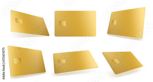 Gold credit card mockup, isolated golden blank template with chip on white background. Plastic mock up for business identity and branding presentation. Realistic 3d vector payment financial tool set
