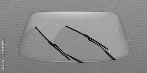 Car wiper clean windscreen, glass windshield with rain drops, automobile front window automatic cleaner, vehicle washing isolated on transparent background, Realistic 3d vector illustration, clip art photo