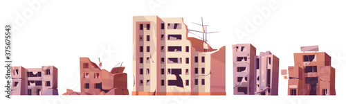 Destroyed city buildings after war or earthquake. Vector cartoon set of abandoned broken houses isolated on white background. Derelict town ruins after explosion or natural disaster