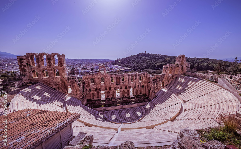 Herodium ancient Roman open theatre and Athens panoramic view, Greece