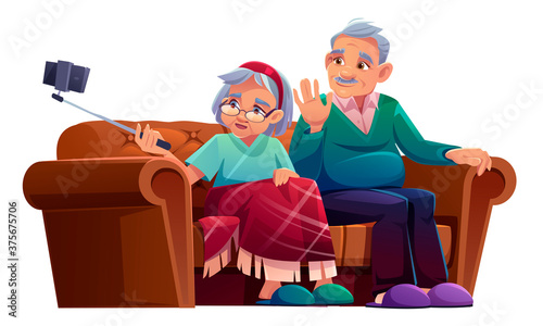 Old man and woman take selfie on smartphone with monopod. Vector cartoon illustration of elderly couple seat on sofa and making photo together on mobile phone with selfie stick