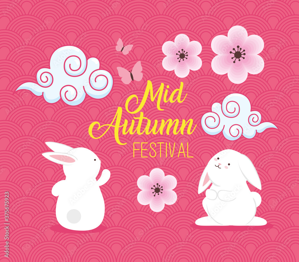 chinese mid autumn festival with rabbits, flowers and clouds decoration vector illustration design