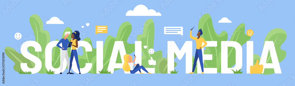 Social media word vector illustration. Cartoon flat user people using smartphone for networking and communicating, standing next to big social media lettering, network communication concept background