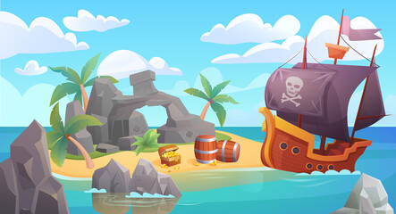 Wandcirkels Piraten Piratenavontuur met schatkist op rotseiland  © lembergvector