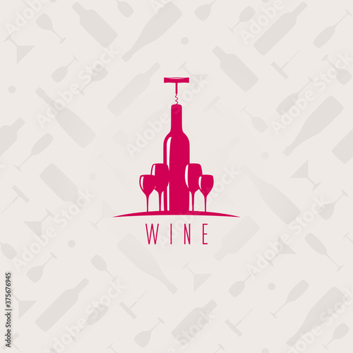 Square light card template with red wine bottle and glasses. Vector illustration.