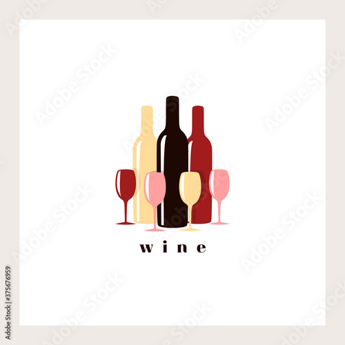 Square template with wine bottles and glasses on light background. 