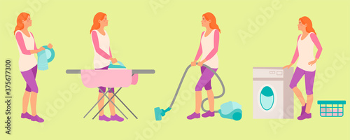 Housewife clean home, putting the laundry in the washing machine, ironing clothes, wipes a plate. Girl woman washes the dishes, vacuums, hoovering.
House cleaning vector illustration set. Design logo