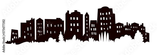 Modern cityscape black silhouette vector banner design. Metropolis architecture panoramic landscape. New York skyscrapers hand drawn silhouette. Apartment buildings isolated minimalistic illustration