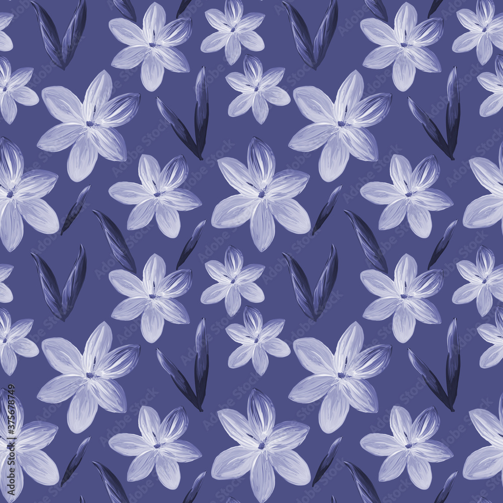 Monochrome blue Floral seamless pattern made of flowers Acrilic painting with pink flower buds . Botanical illustration for fabric and textile, packaging, wallpaper.