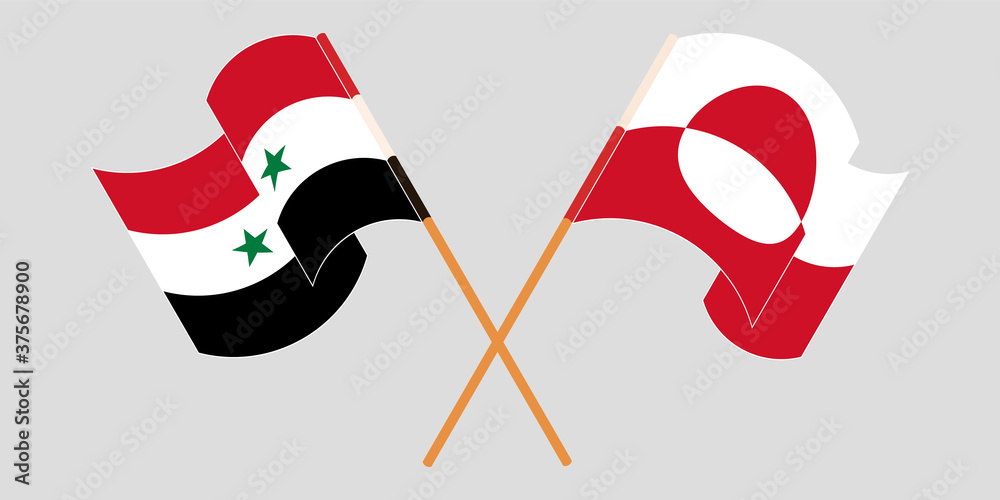 Crossed and waving flags of Greenland and Syria Crossed and waving flags of Greenland and Syria