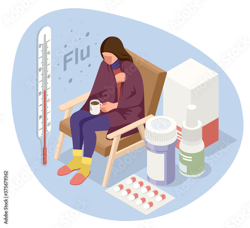 A sick upset woman with a cup of tea, sitting in a chair covered with a blanket, freezes and has a fever. Sick girl with flu symptoms. Medicine Disease Illness.