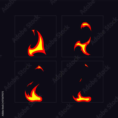 Sprite Sheets Flame animation. Fire sprites sheet for torch, campfire, games, cartoon or animation and motion design. Vector fire effect illustration.