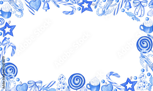 Christmas blue horizontal frame of lollipops, candy canes, bonbons, bows, bells and Christmas trees on a white isolated background. Hand-drawn elements. For postcards, gift cards, invitations and web.