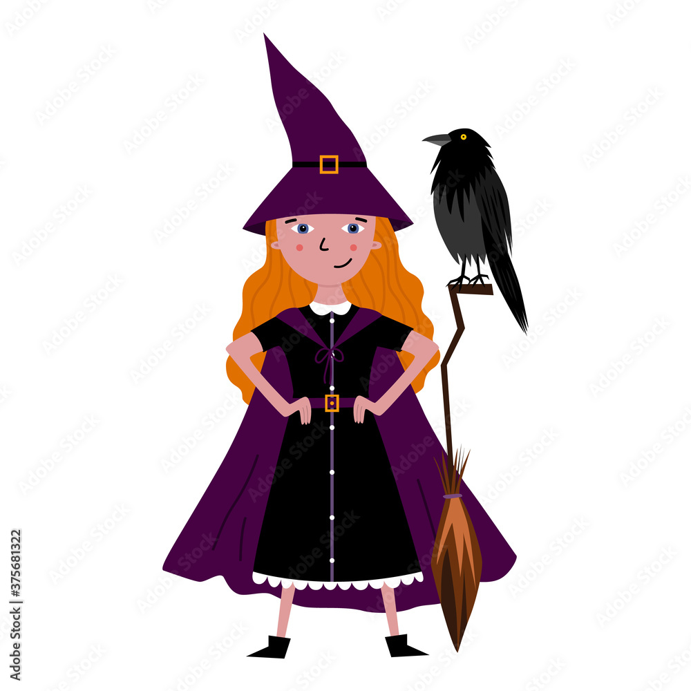 Cute witch with broomstick and raven. Girl in Halloween costume - cloak and witch hat. Trick or treat party. Spooky vector illustration. Halloween greeting card. Flat illustration isolated on white.