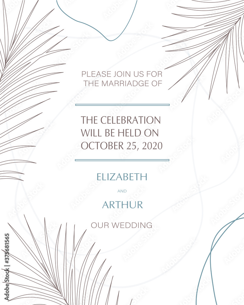 Wedding invitation, reverse side. Simple abstract objects, pastel colors with thin lines. Fern leaves on a light background. A combination of delicate colors, collected in a modern composition. Vector