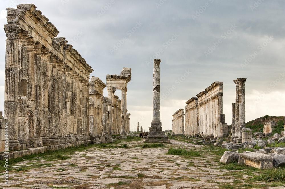 Apamea Syria, ancient ruins with famous colonnade before damage in the war