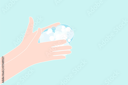 Washing hands with soap. Prevention of infection by viruses and bacteria. Antibacterial soap kills germs. Two hands lather the lather, washing away dirt and germs. Health care. Vector image.
