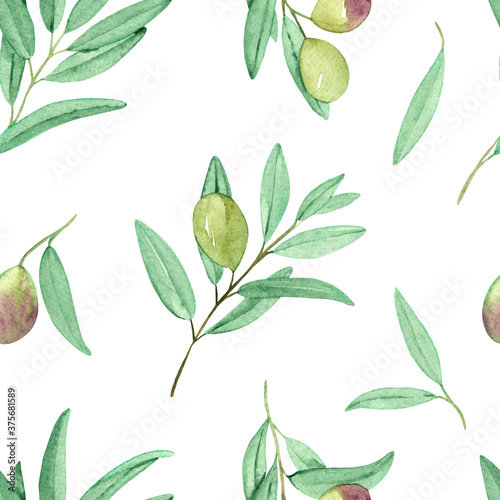 Watercolor seamless pattern with olive branches and leaves on a white background. For textiles, wedding decor, gift packaging, scrapbooking.