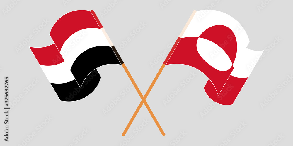Crossed and waving flags of Greenland and Yemen Crossed and waving flags of Greenland and Yemen