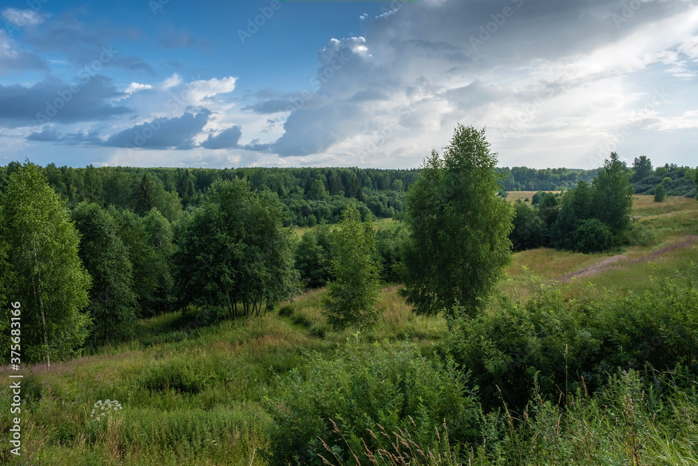 Landscape with forests and small meadows and a beautiful cloudy sky.