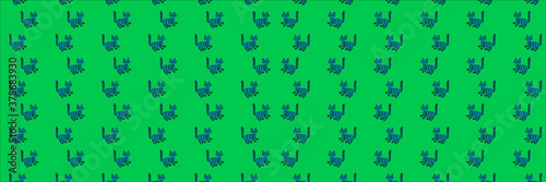 Banner with a pattern of blue cats on a green background with proudly raised tails. A child's drawing with a pencil. Positive.