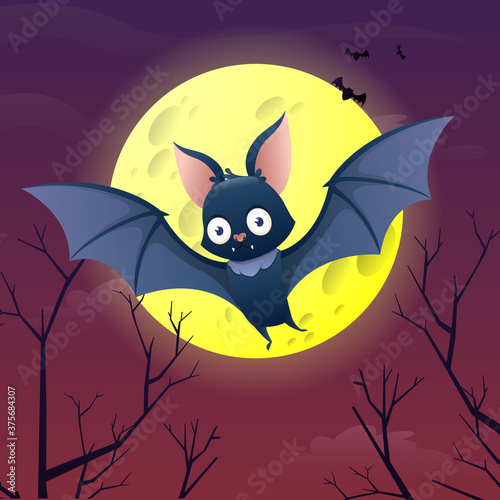 Cartoon cute bat flying against the background
