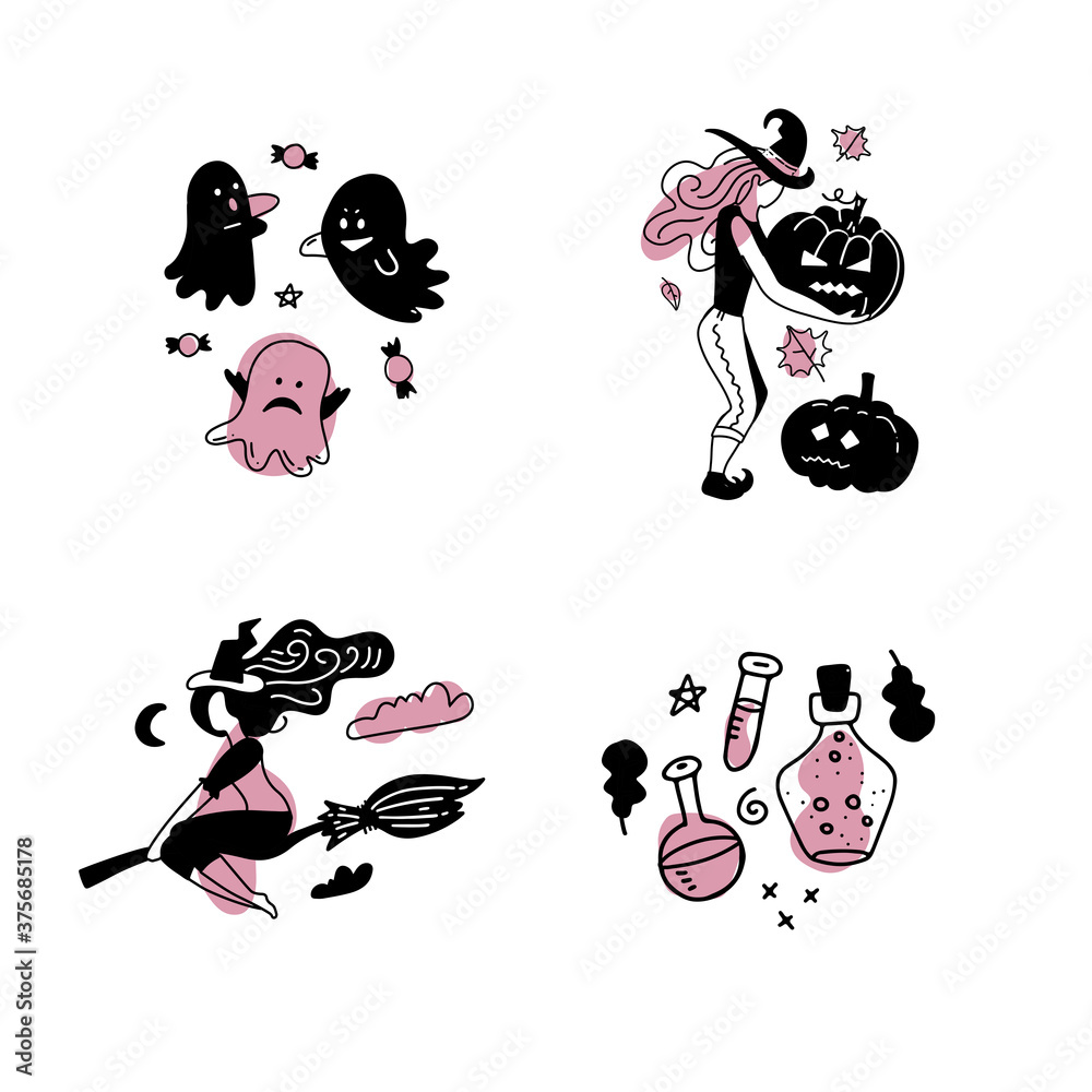 Happy Halloween Sticker Set with Witch Girl silhouettes side view. Vector flat linear illustration isolated on white background. Black stickers. Black and pink girlish concept.