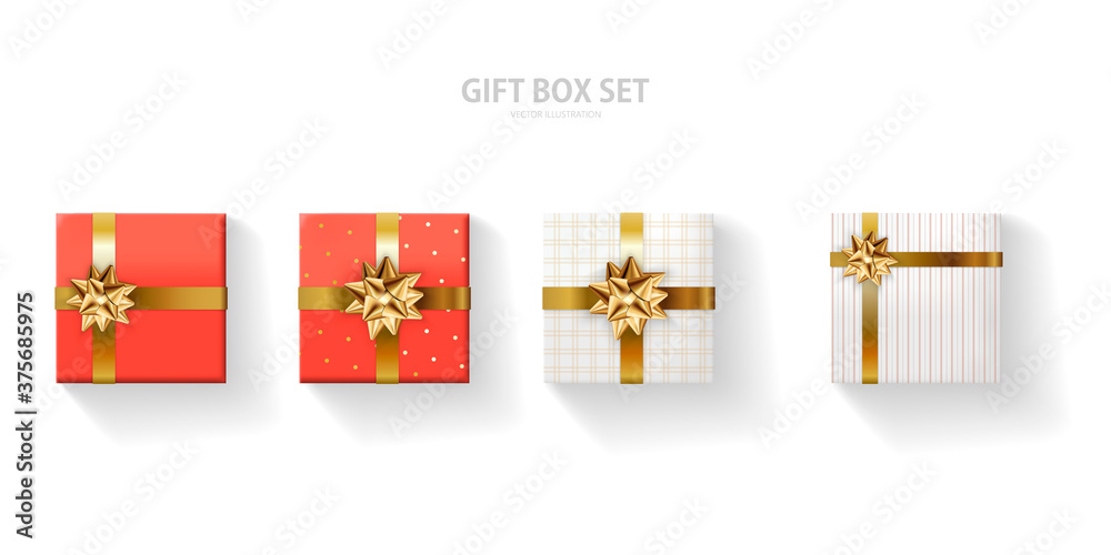 Set of gift box with a gold bow on a white background. Realistic top ...
