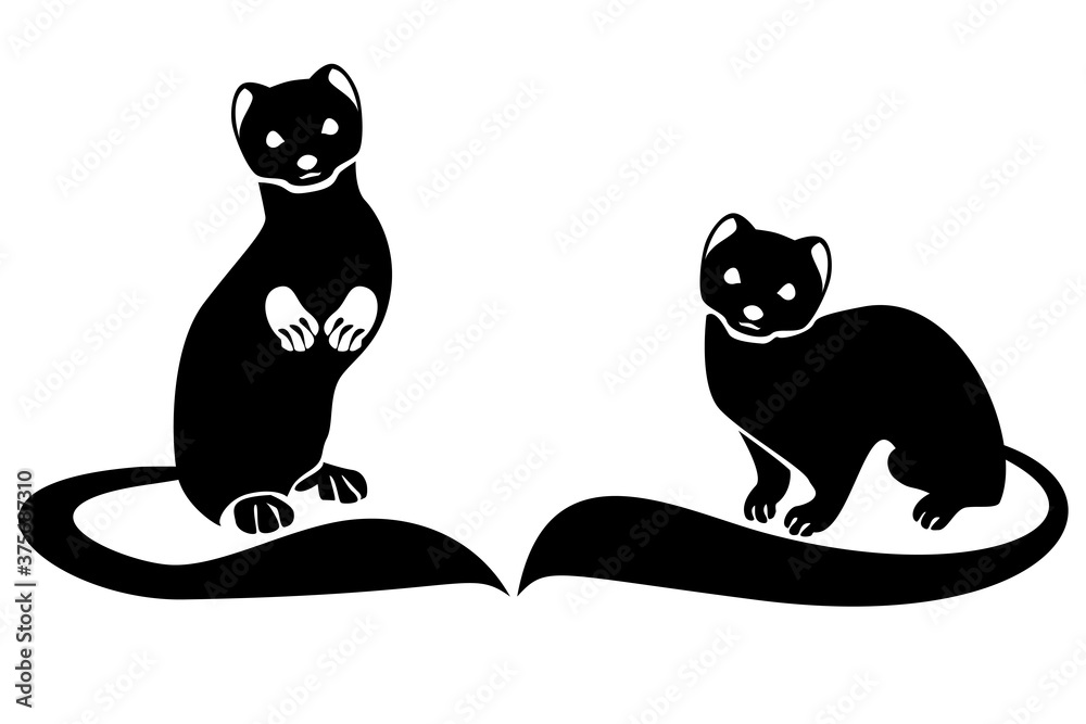 Naklejka premium Two ferrets with long tails Stylized vector monochrome image.