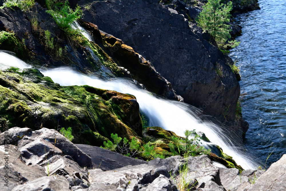 mountain northern waterfall among the trees in the wild forest