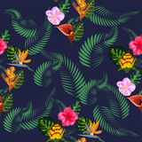 Seamless tropical pattern with palm, monstera leaves and many flowers of hibiscus, sterlitz, tropical