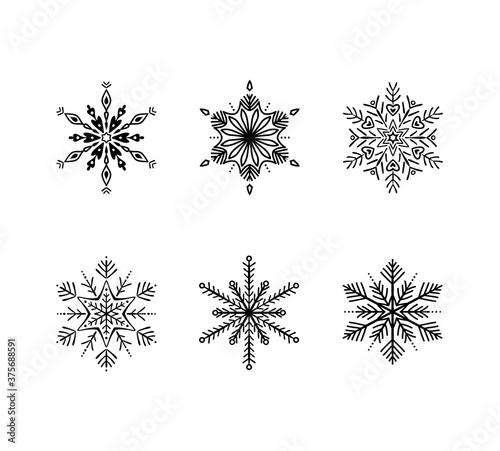 Vector snowflakes. Set of 6 snowflakes drawn by hand